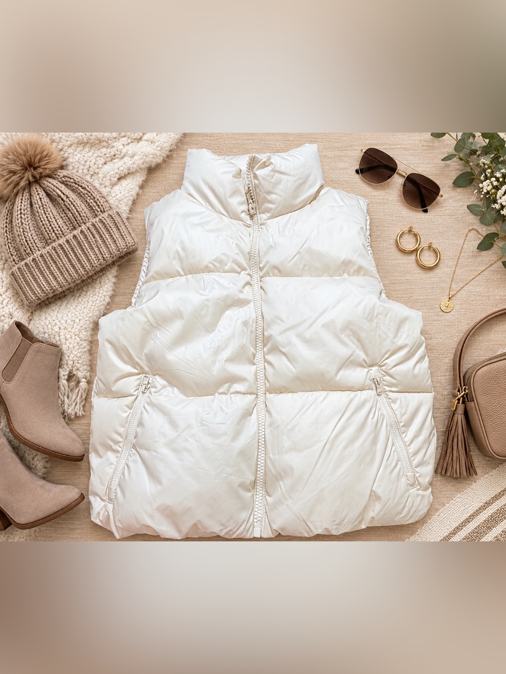 Old Navy Women’s Cream Puffer Vest Quilted Zip Front Size Small